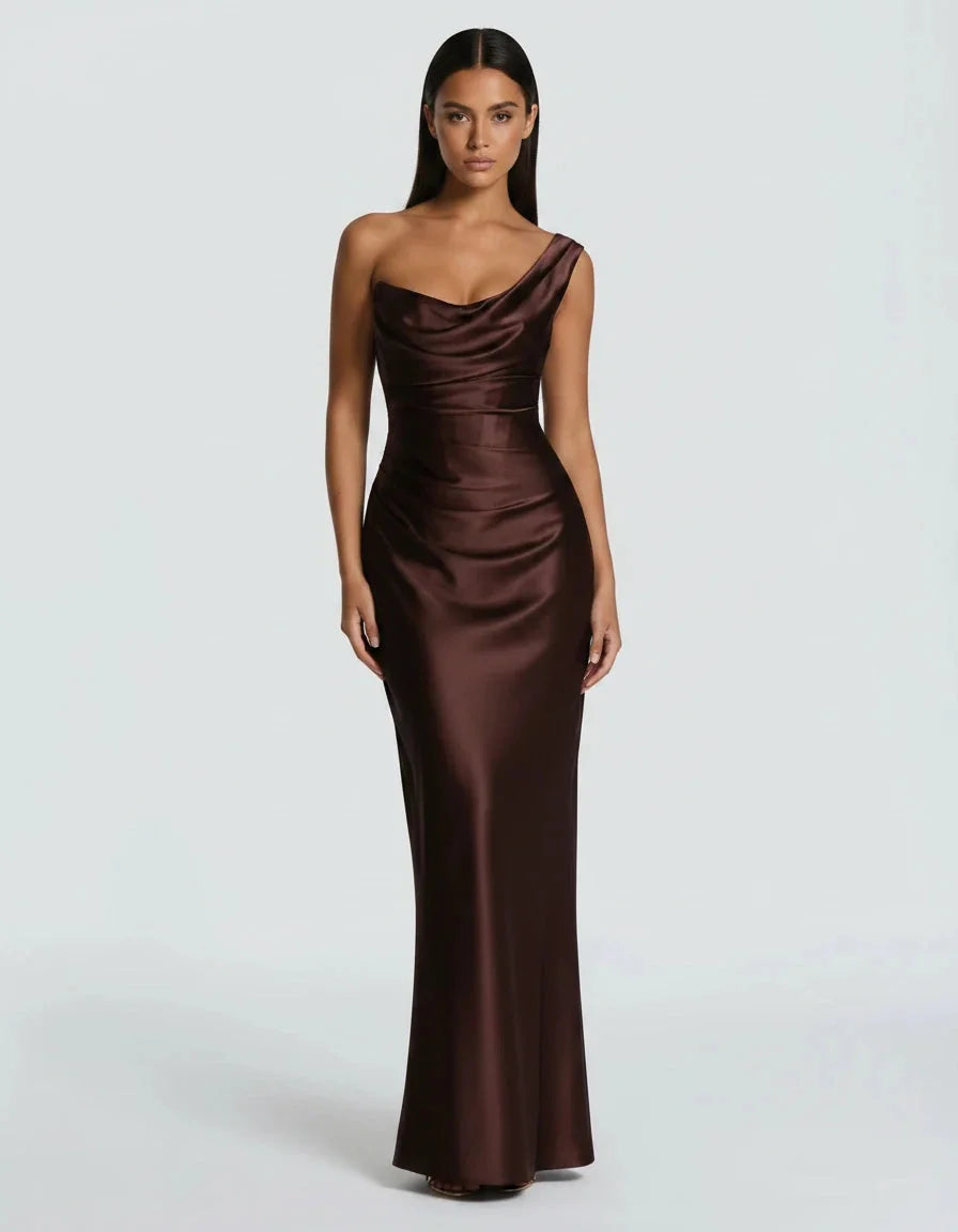 Amarante · La Robe En Satin Drapée À Une Épaule — Marron, photo 6